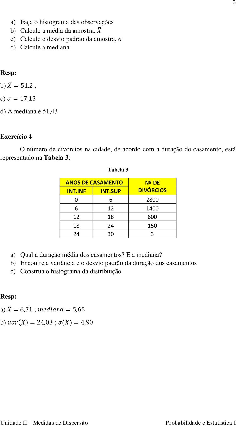 DE CASAMENTO Nº DE INT.INF INT.SUP DIVÓRCIOS 0 6 2800 6 12 1400 12 18 600 18 24 150 24 30 3 a) Qual a duração média dos casamentos? E a mediana?