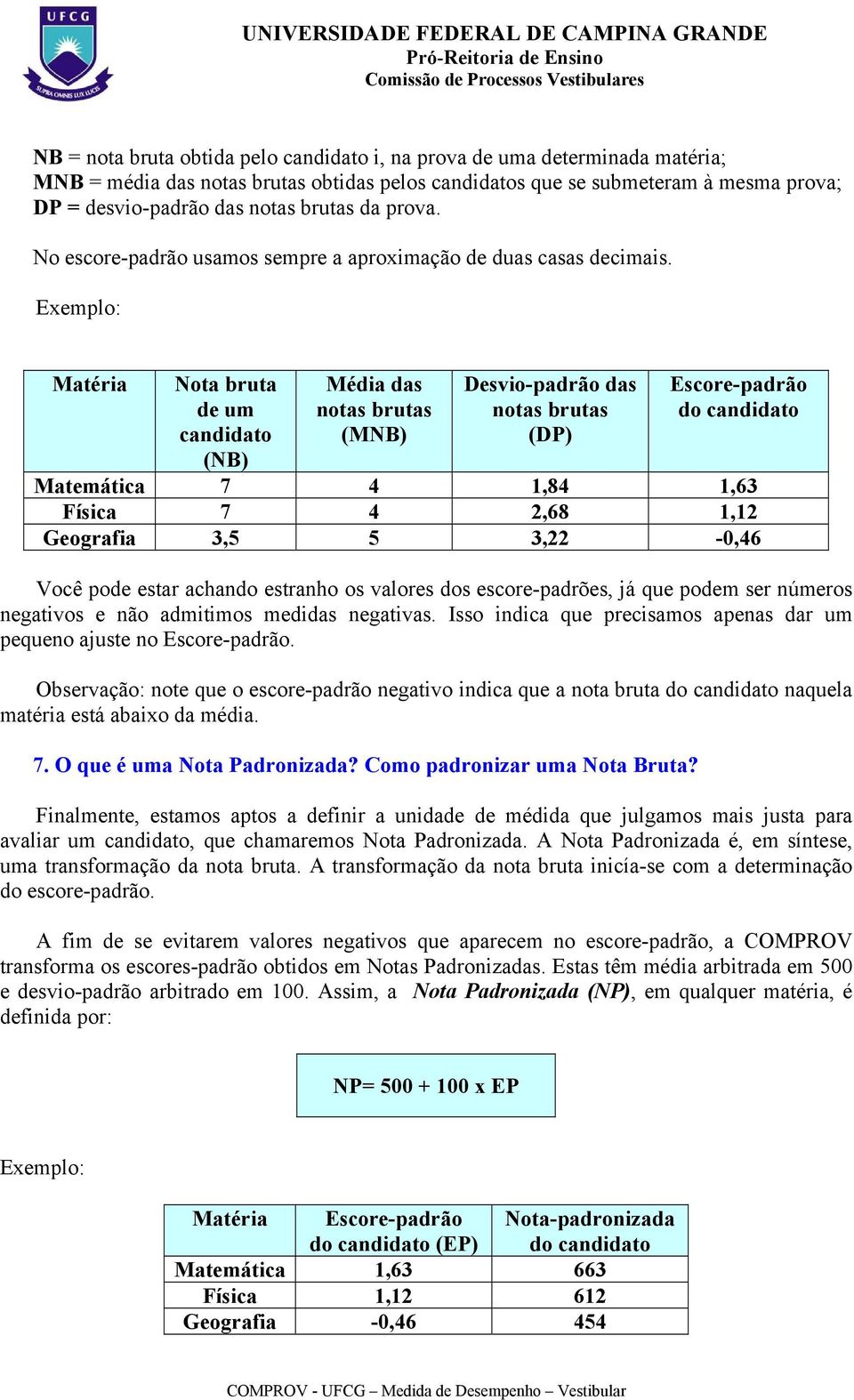 Matéria Nota bruta de um candidato (NB) Média das notas brutas (MNB) Desvio-padrão das notas brutas (DP) Escore-padrão do candidato Matemática 7 4 1,84 1,63 Física 7 4 2,68 1,12 Geografia 3,5 5