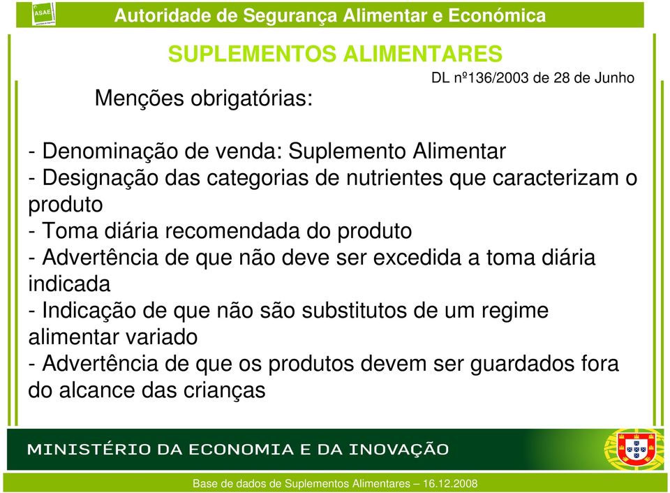 - Advertência de que não deve ser excedida a toma diária indicada - Indicação de que não são substitutos