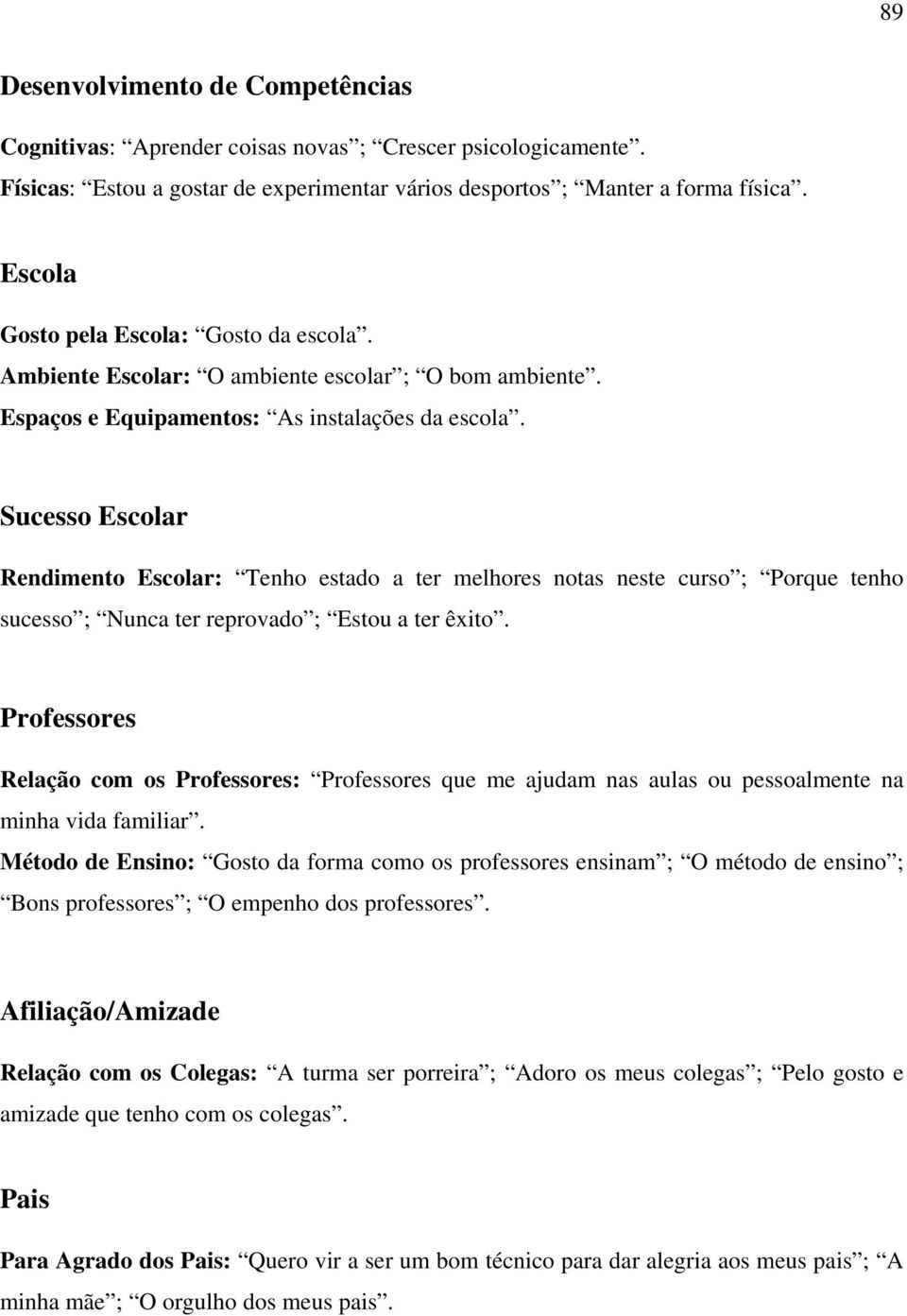 Sucesso Escolar Rendimento Escolar: Tenho estado a ter melhores notas neste curso ; Porque tenho sucesso ; Nunca ter reprovado ; Estou a ter êxito.