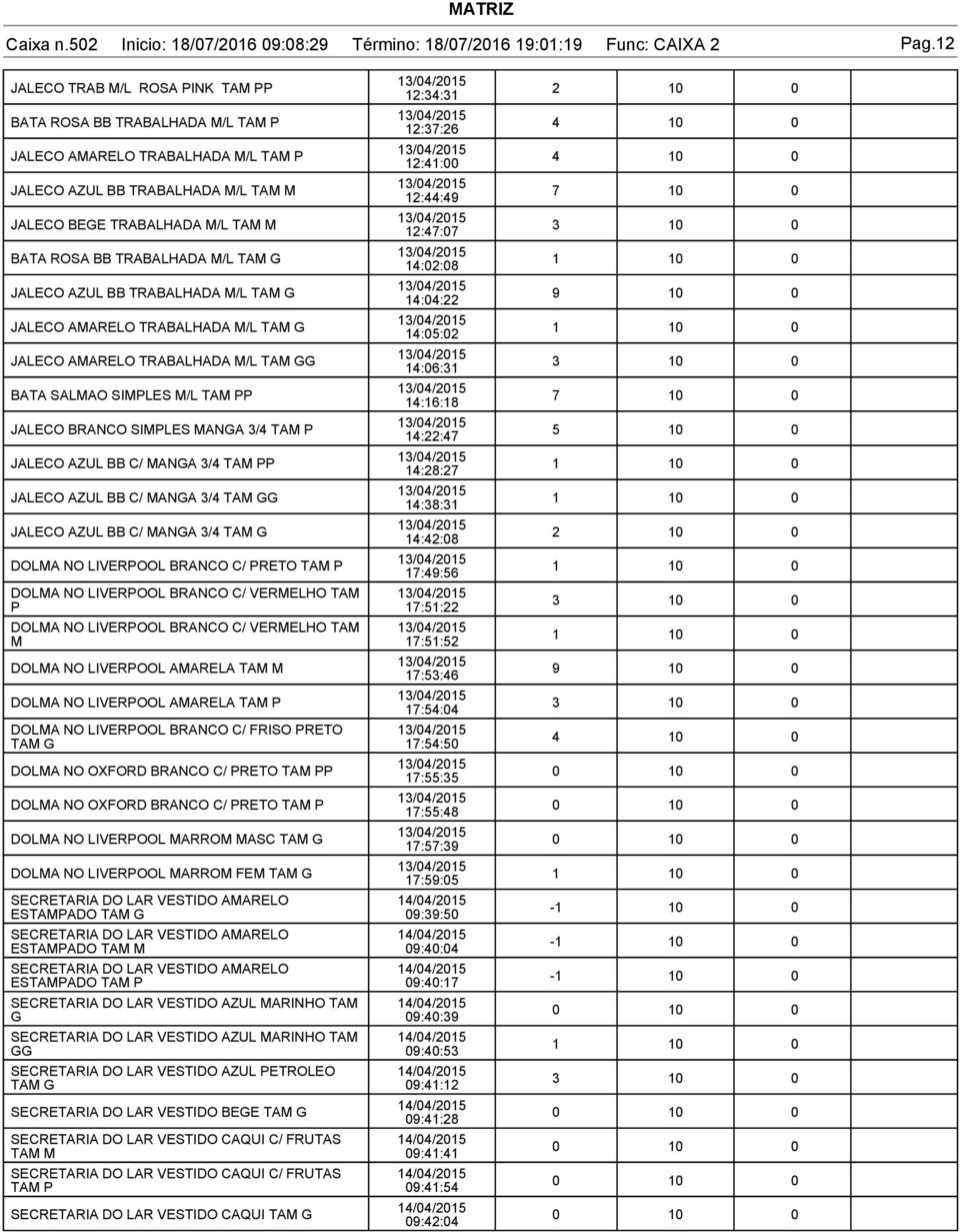 M 3 12:47:07 BATA ROSA BB TRABALHADA M/L TAM G 1 14:02:08 JALECO AZUL BB TRABALHADA M/L TAM G 9 14:04:22 JALECO AMARELO TRABALHADA M/L TAM G 1 14:05:02 JALECO AMARELO TRABALHADA M/L TAM GG 3 14:06:31