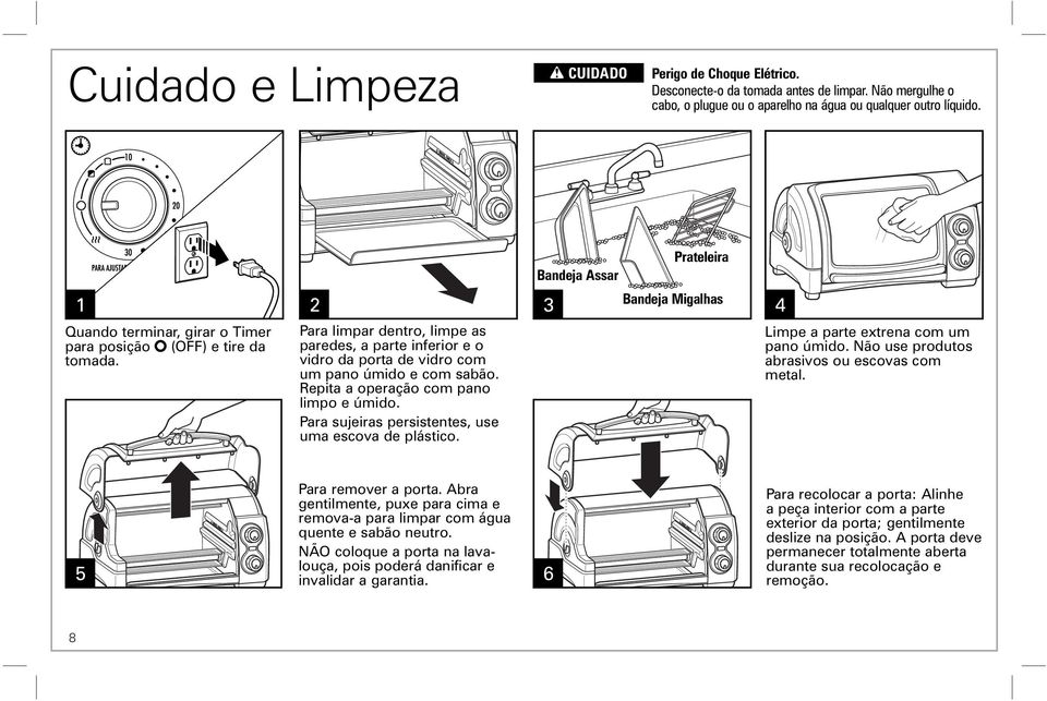 Repita a operação com pano limpo e úmido. Para sujeiras persistentes, use uma escova de plástico. Prateleira Bandeja Assar Bandeja Migalhas Limpe a parte extrena com um pano úmido.