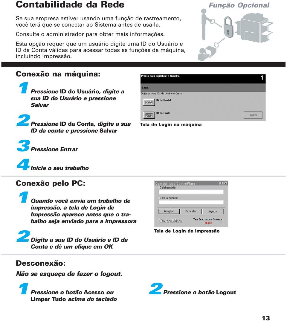 Conexão na máquina: 1 Pressione ID do Usuário, digite a sua ID do Usuário e pressione Salvar 2 Pressione ID da Conta, digite a sua ID da conta e pressione Salvar 3 Pressione Entrar 4 Inicie o seu