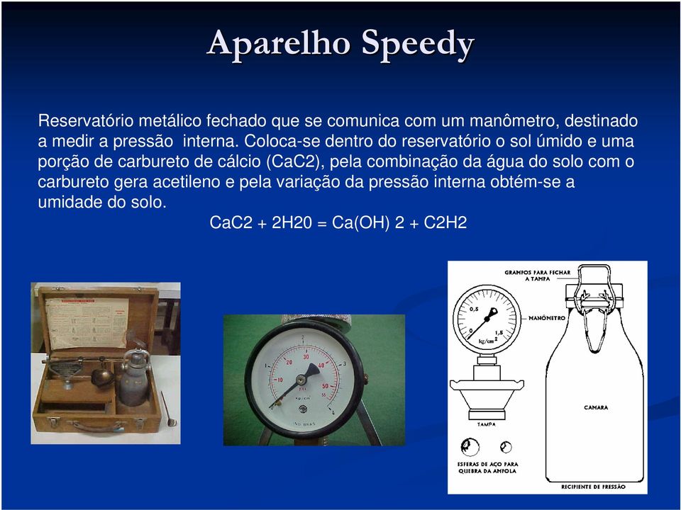 Coloca-se dentro do reservatório o sol úmido e uma porção de carbureto de cálcio (CaC2),