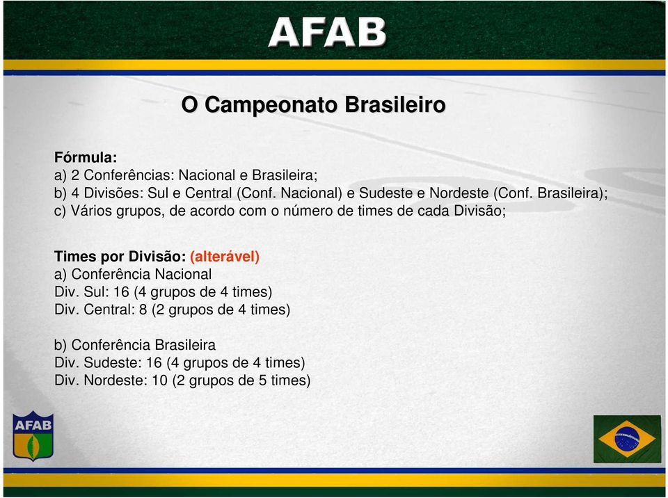 Brasileira); c) Vários grupos, de acordo com o número de times de cada Divisão; Times por Divisão: (alterável) a)
