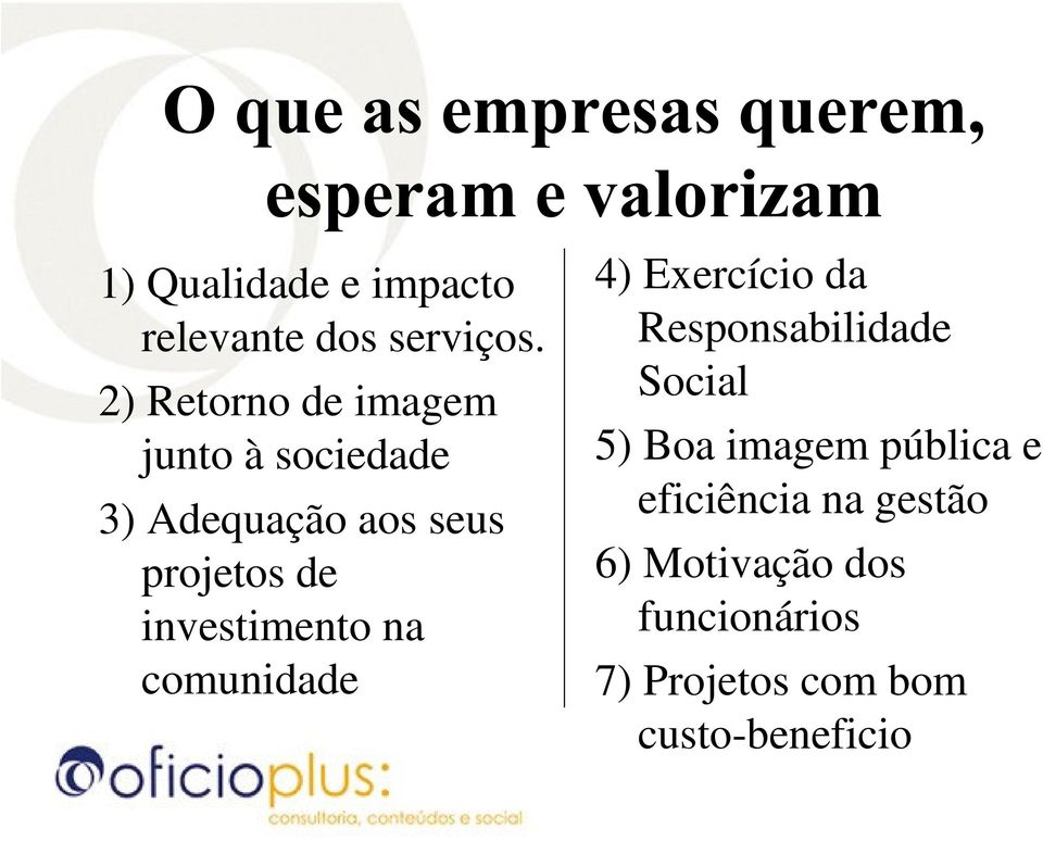 2) Retorno de imagem junto à sociedade 3) Adequação aos seus projetos de