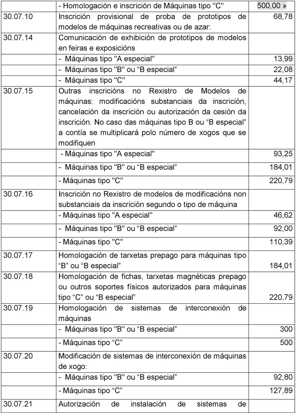 14 Comunicaci Ћбn de exhibici Ћбn de prototipos de modelos en feiras e exposici Ћбns - M ЋЁquinas tipo "A especial" 13,99 - M ЋЁquinas tipo "B" ou ЁШB especialёщ 22,08 - M ЋЁquinas tipo "C" 44,17 30.