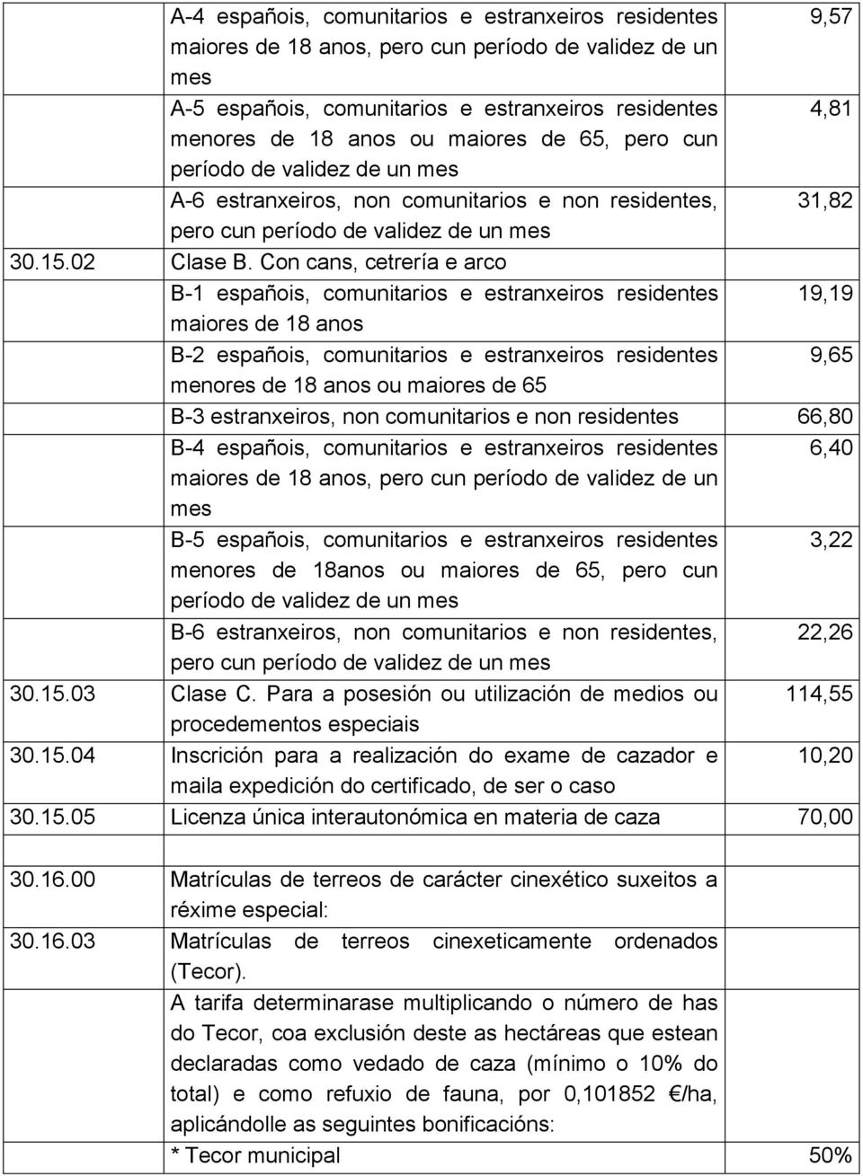 Con cans, cetrer ЋПa e arco B-1 espa Ћаois, comunitarios e estranxeiros residentes 19,19 maiores de 18 anos B-2 espa Ћаois, comunitarios e estranxeiros residentes 9,65 menores de 18 anos ou maiores