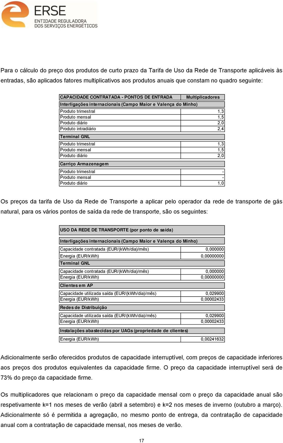 intradiário 2,4 Terminal GNL Produto trimestral 1,3 Produto mensal 1,5 Produto diário 2,0 Carriço Armazenagem Produto trimestral - Produto mensal - Produto diário 1,0 Os preços da tarifa de Uso da