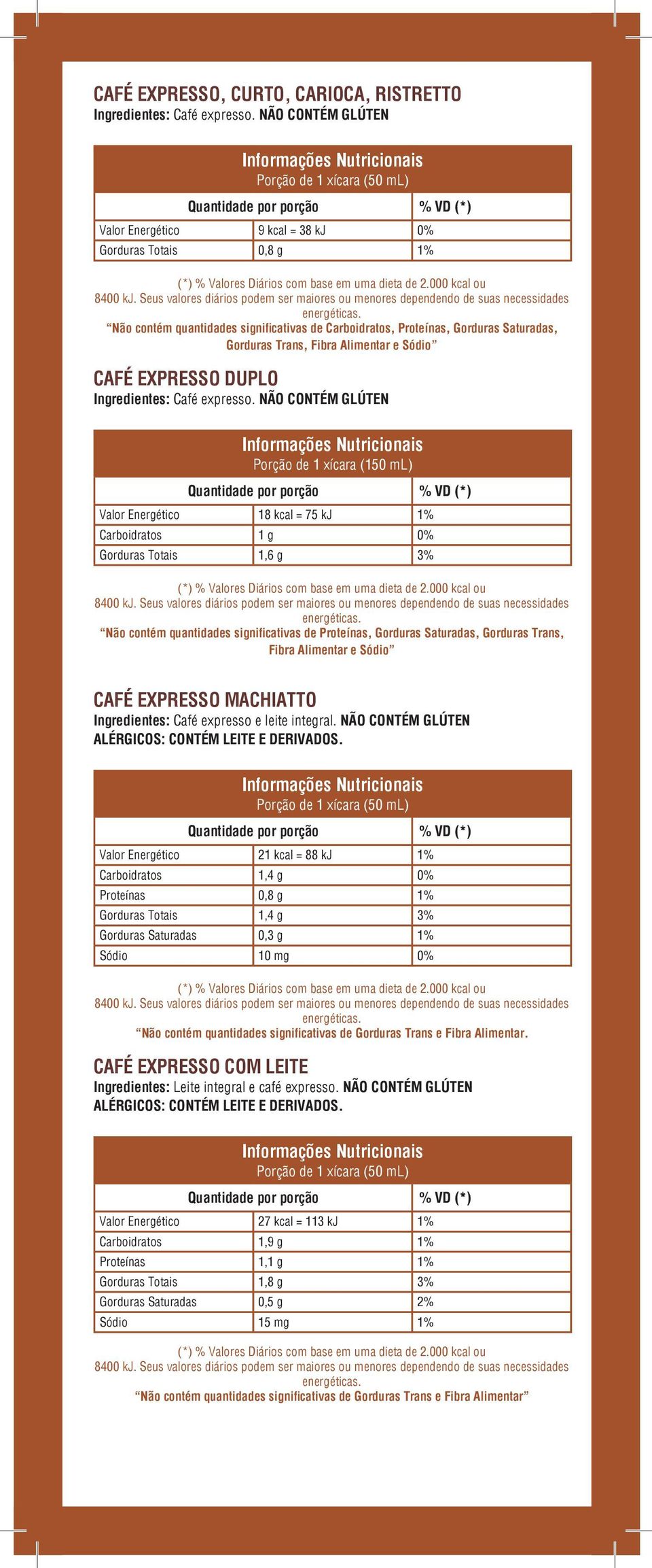 Trans, Fibra Alimentar e Sódio CAFÉ EXPRESSO DUPLO Ingredientes: Café expresso.