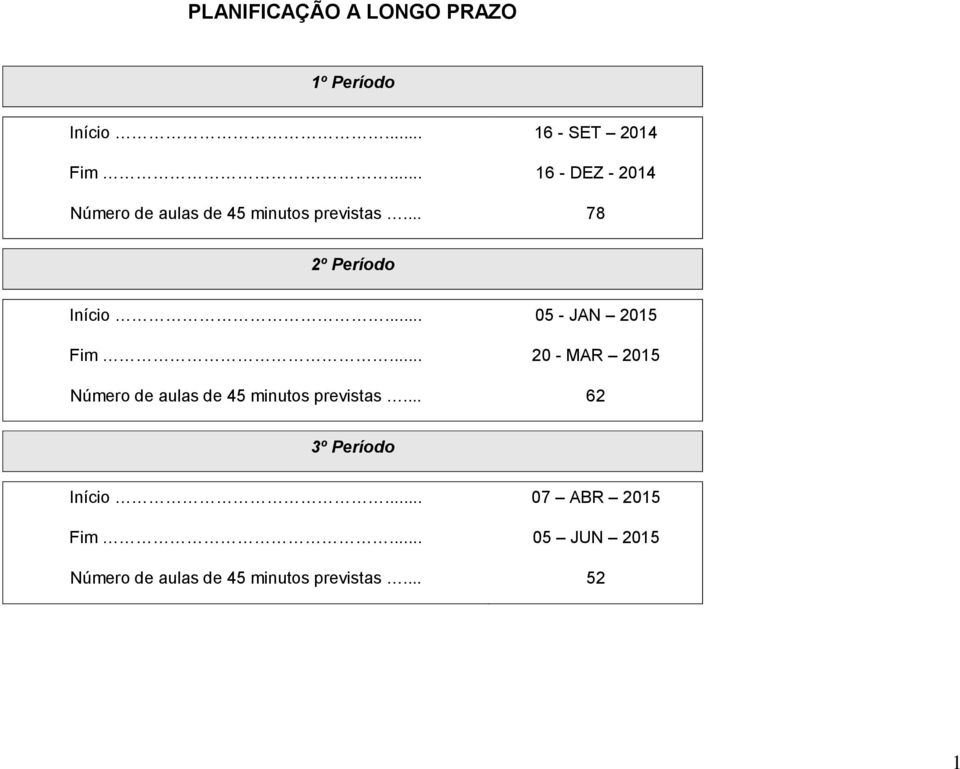 .. 05 - JAN 2015 Fim... 20 - MAR 2015 Número de aulas de 45 minutos previstas.