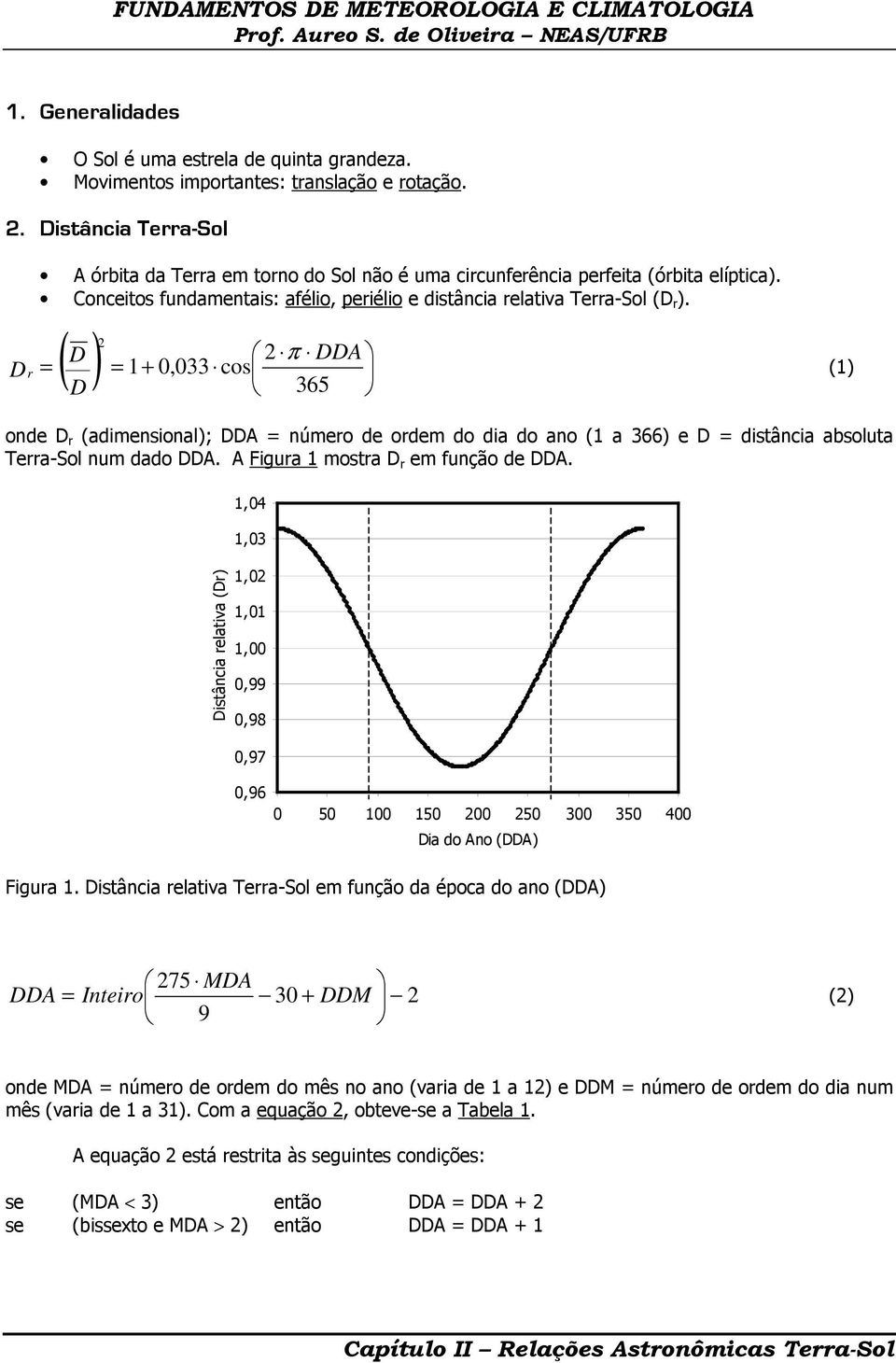 Dr = ( ) D 2 π DDA = 1+ 0,033 cos D 2 365 (1) onde D r (adimensional); DDA = número de ordem do dia do ano (1 a 366) e D = distância absoluta Terra-Sol num dado DDA.