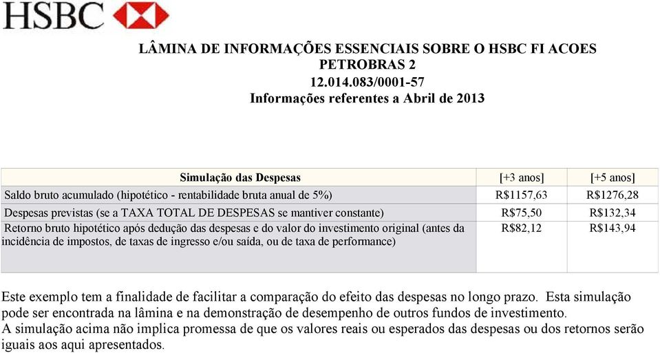 ingresso e/ou saída, ou de taxa de performance) Este exemplo tem a finalidade de facilitar a comparação do efeito das despesas no longo prazo.