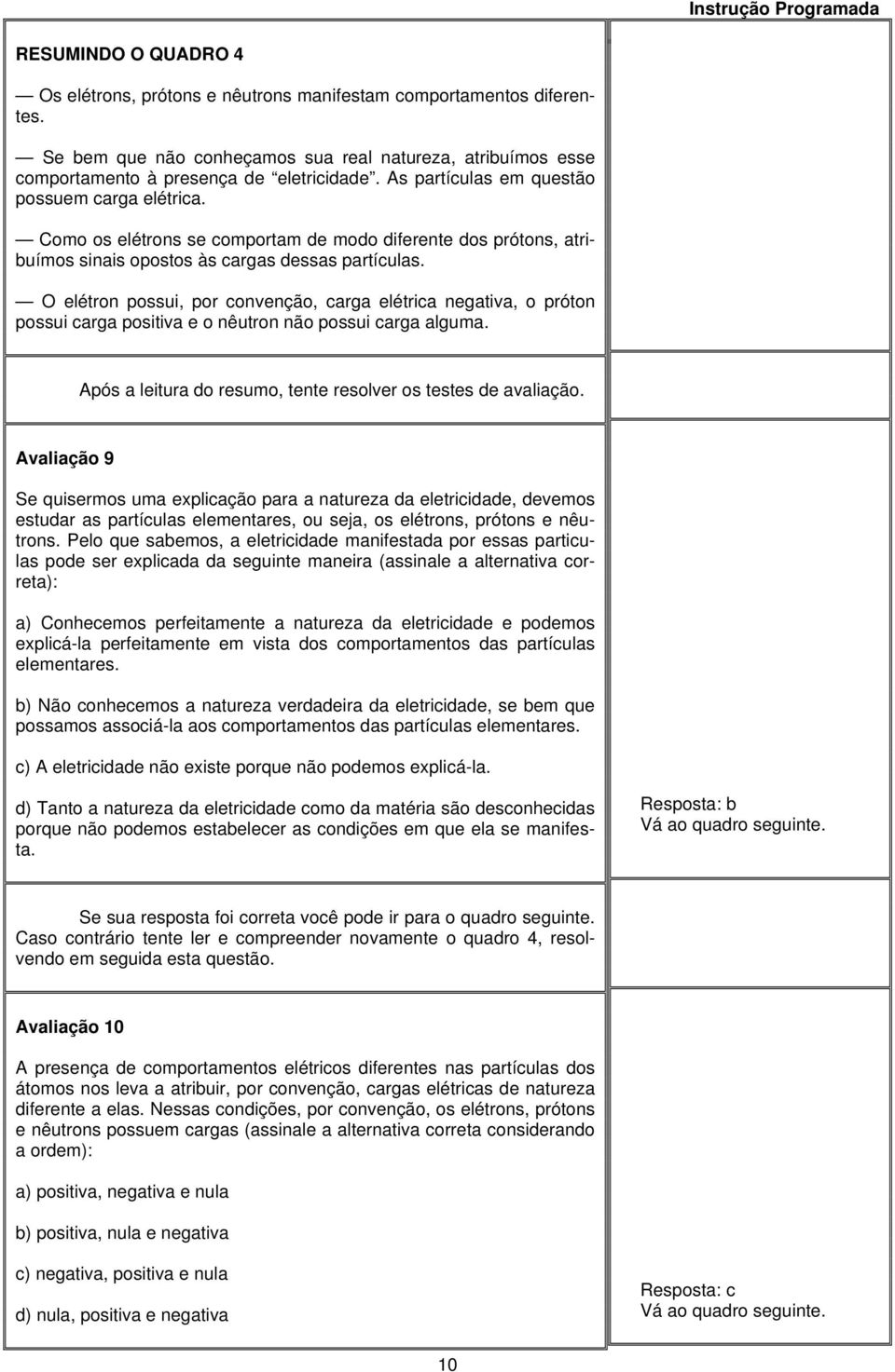 O elétron possui, por convenção, carga elétrica negativa, o próton possui carga positiva e o nêutron não possui carga alguma. Após a leitura do resumo, tente resolver os testes de avaliação.