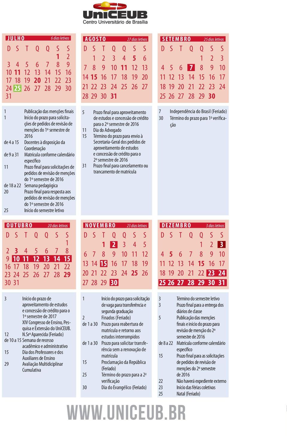 menções do 1º semestre de 2016 de 18 a 22 Semana pedagógica 20 Prazo final para resposta aos pedidos de revisão de menções do 1º semestre de 2016 25 Início do semestre letivo OUTUBRO 20 dias letivos