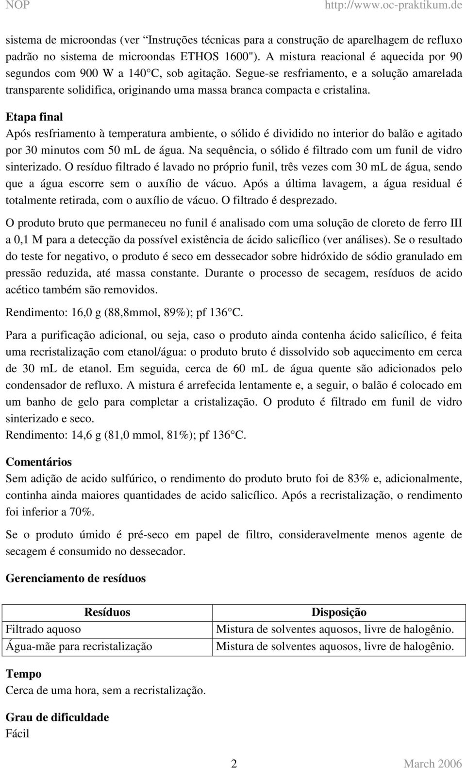 Etapa final Após resfriamento à temperatura ambiente, o sólido é dividido no interior do balão e agitado por 30 minutos com 50 ml de água.