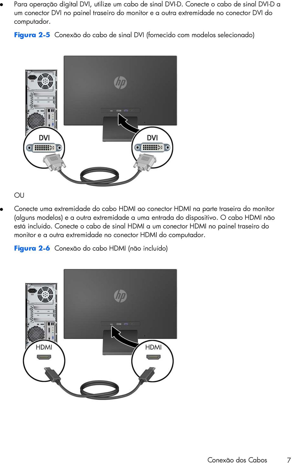 Figura 2-5 Conexão do cabo de sinal DVI (fornecido com modelos selecionado) OU Conecte uma extremidade do cabo HDMI ao conector HDMI na parte traseira do monitor