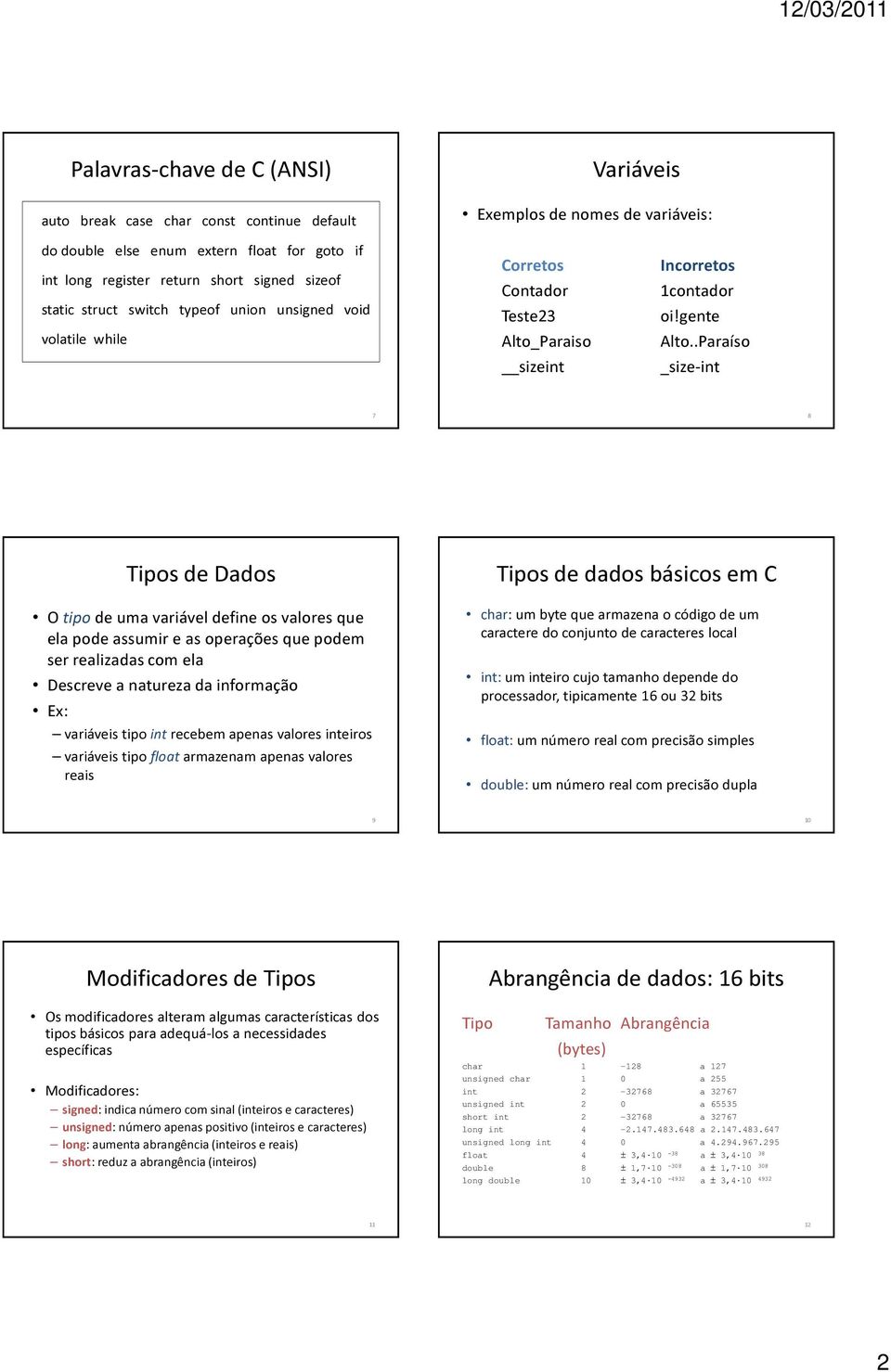 .Paraíso _size-int 7 8 Tipos de Dados O tipo de uma variável define os valores que ela pode assumir e as operações que podem ser realizadas com ela Descreve a natureza da informação variáveis tipo