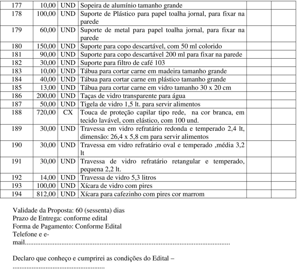 para cortar carne em madeira tamanho grande 184 40, UND Tábua para cortar carne em plástico tamanho grande 185 13, UND Tábua para cortar carne em vidro tamanho 30 x 20 cm 186 2, UND Taças de vidro