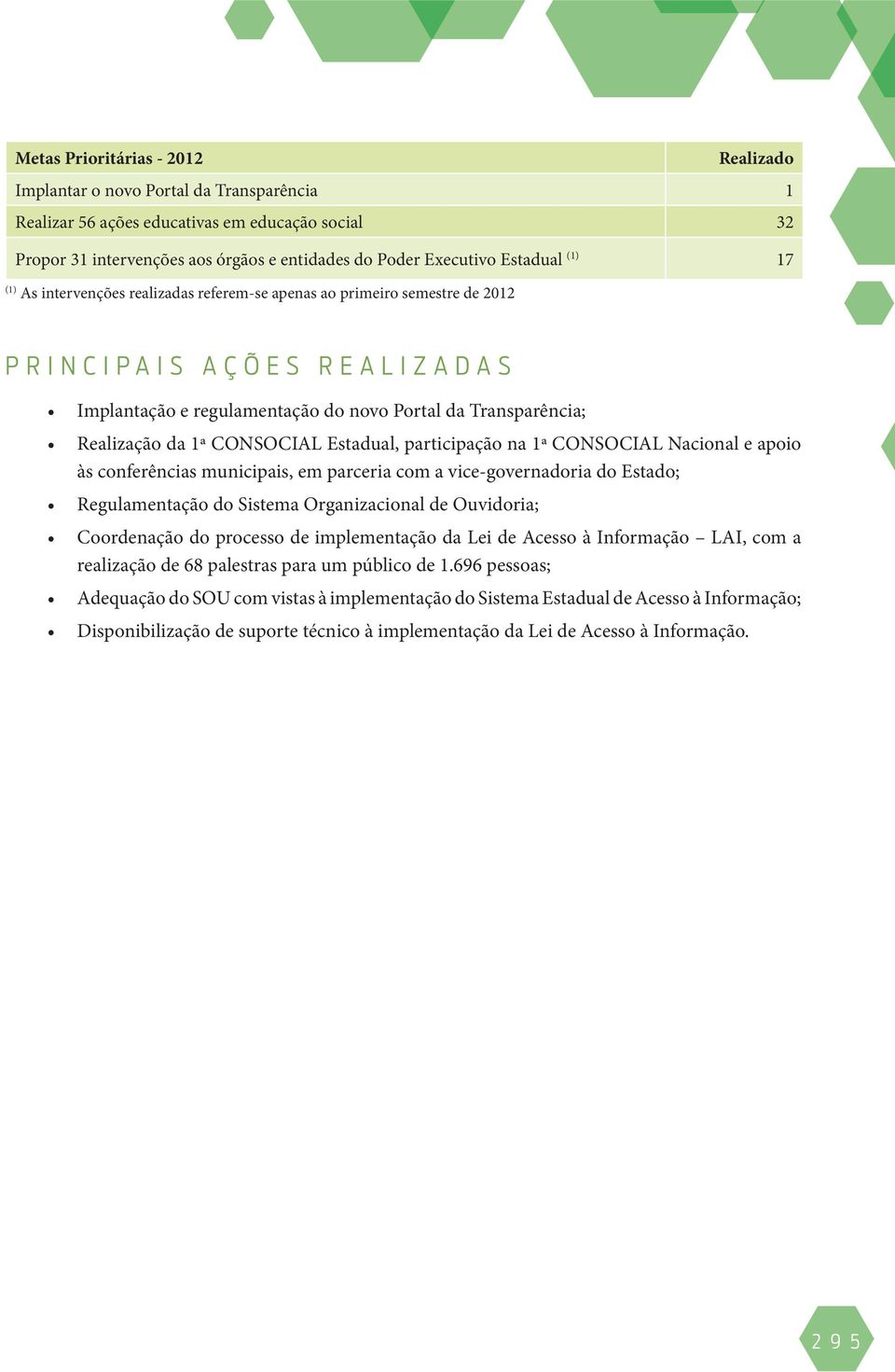 Transparência; Realização da 1ª CONSOCIAL Estadual, participação na 1ª CONSOCIAL Nacional e apoio às conferências municipais, em parceria com a vice-governadoria do Estado; Regulamentação do Sistema