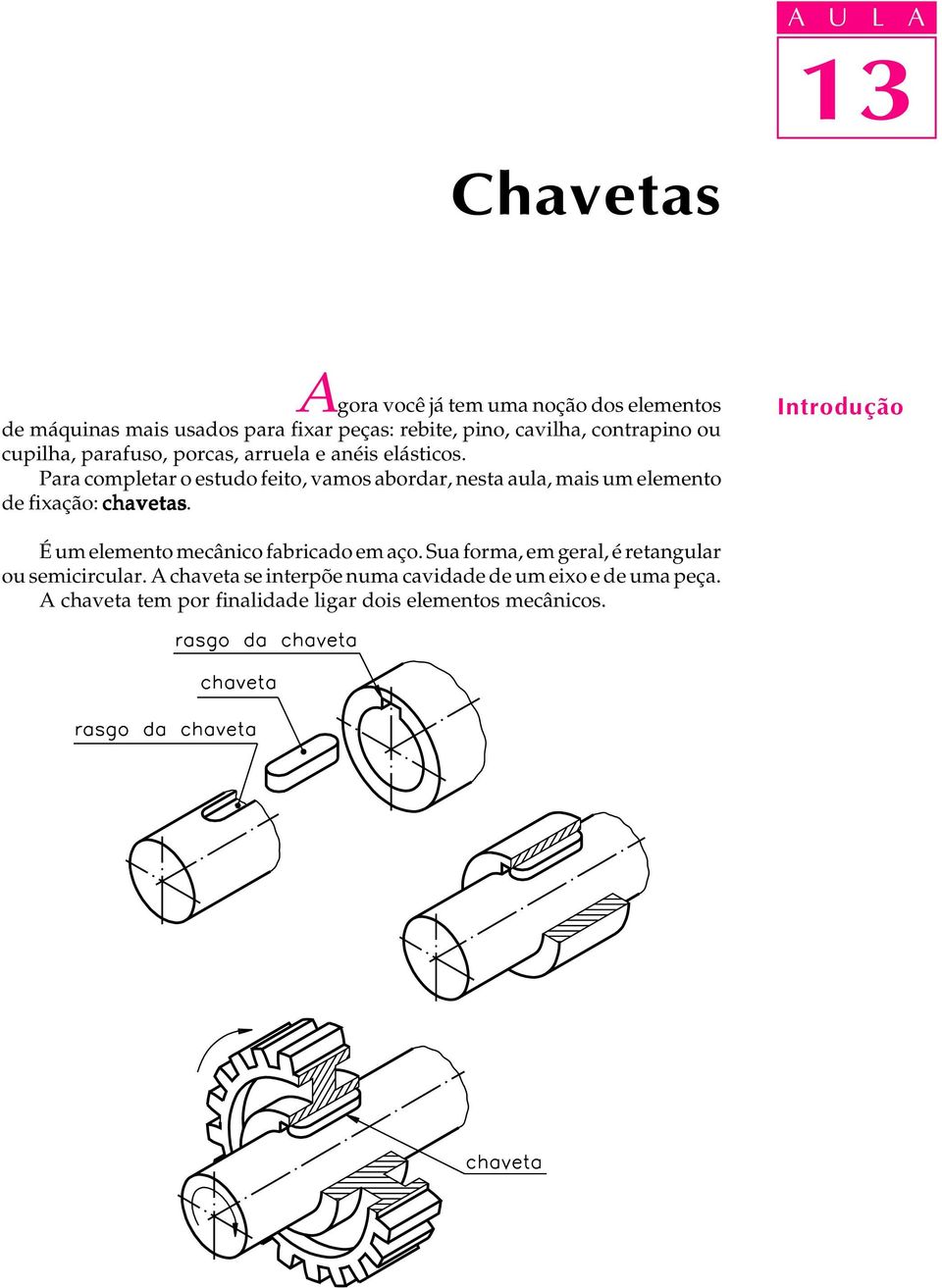 Para completar o estudo feito, vamos abordar, nesta aula, mais um elemento de fixação: chavetas.