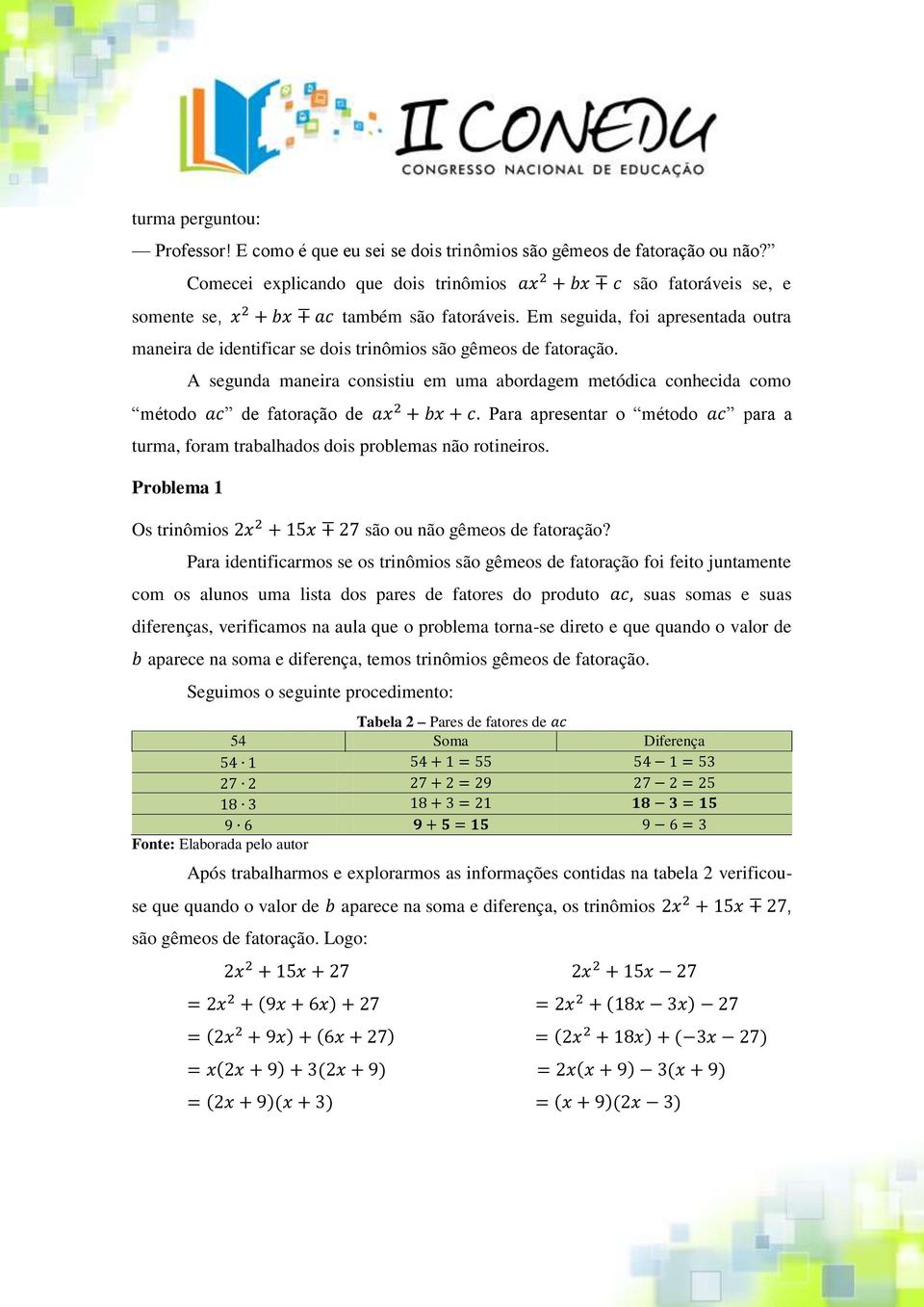 A segunda maneira consistiu em uma abordagem metódica conhecida como método de fatoração de Para apresentar o método para a turma, foram trabalhados dois problemas não rotineiros.