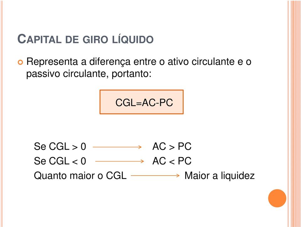 circulante, portanto: CGL=AC-PC Se CGL > 0 AC >