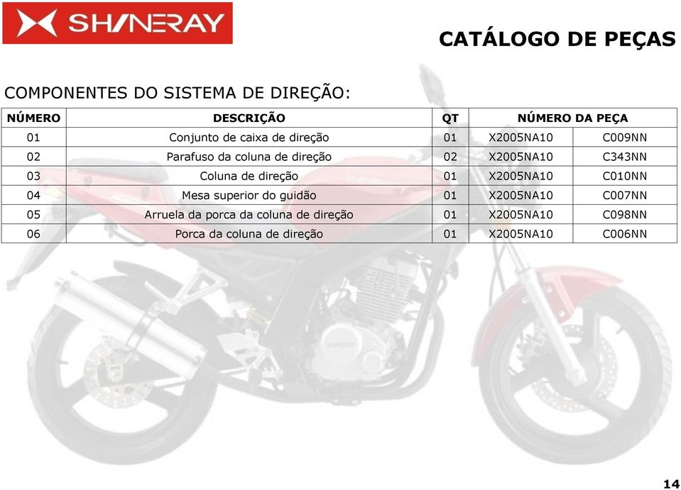 direção 01 X2005NA10 C010NN 04 Mesa superior do guidão 01 X2005NA10 C007NN 05 Arruela da