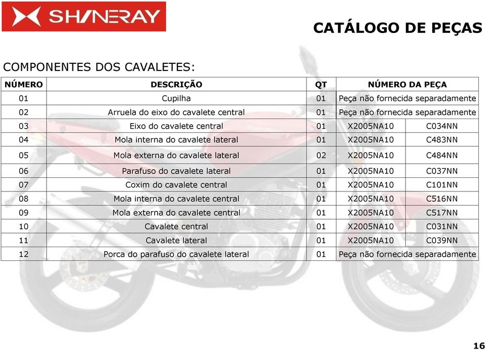 Parafuso do cavalete lateral 01 X2005NA10 C037NN 07 Coxim do cavalete central 01 X2005NA10 C101NN 08 Mola interna do cavalete central 01 X2005NA10 C516NN 09 Mola externa do