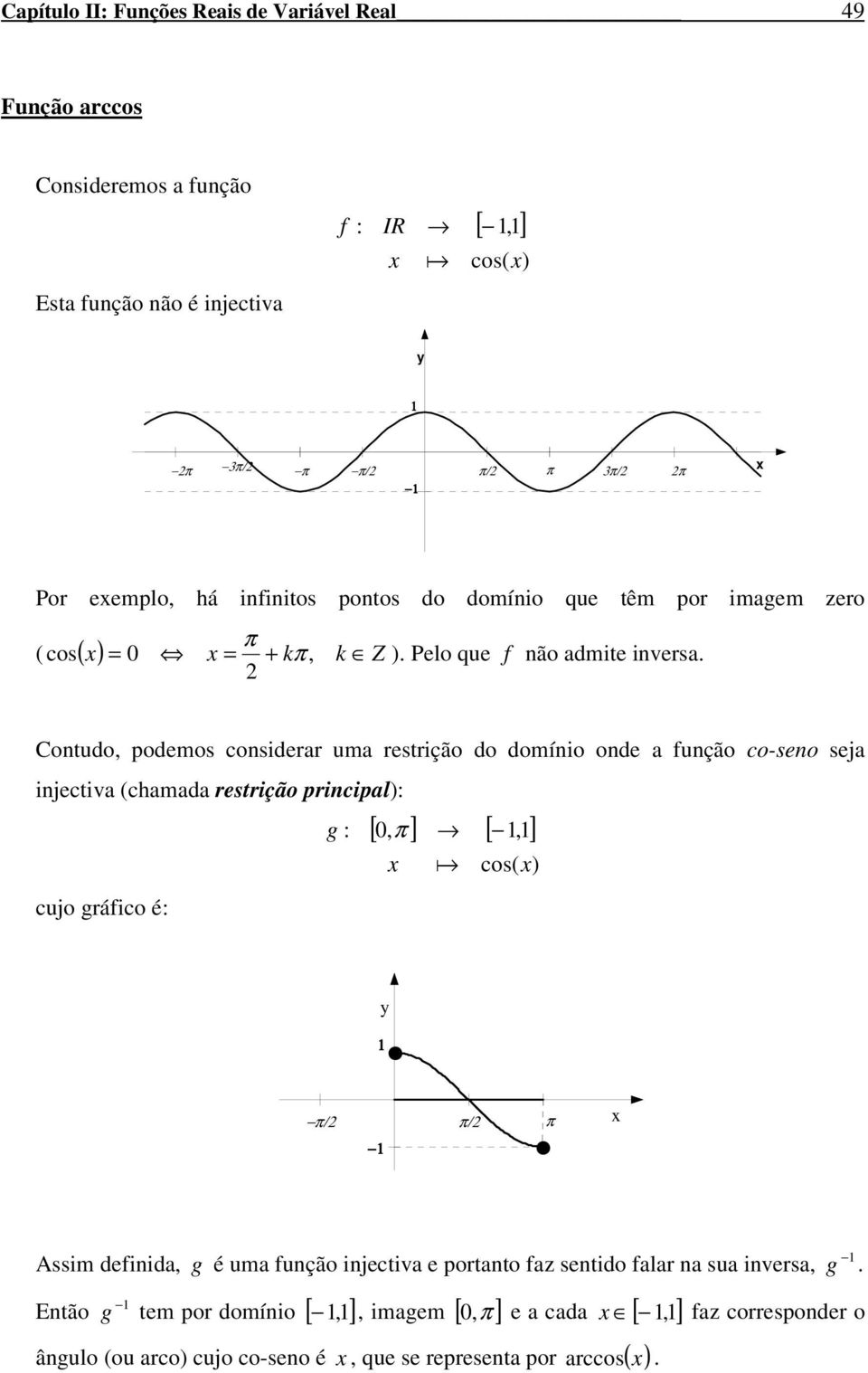 Contudo, podemos considerr um restrição do domínio onde unção co-seno sej injectiv (chmd restrição principl) g [ 0, ] [, ] cos( ) cujo gráico é /