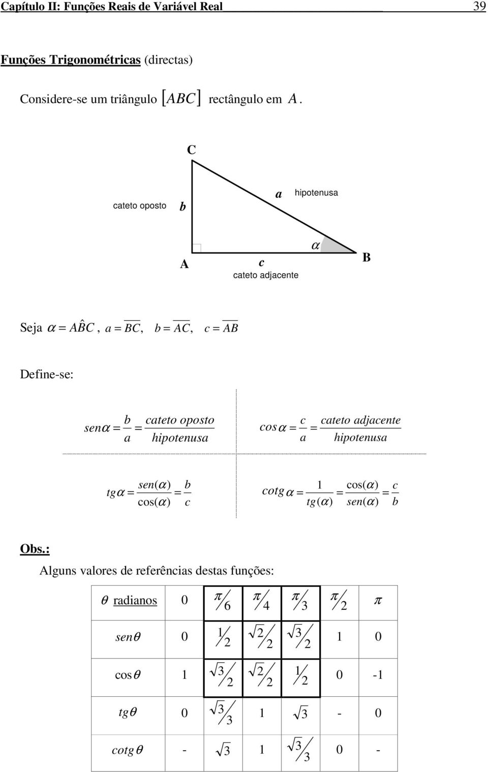 C cteto oposto b hipotenus A c cteto djcente α B Sej α AB ˆ C, BC, b AC, c AB Deine-se b cteto oposto sen α