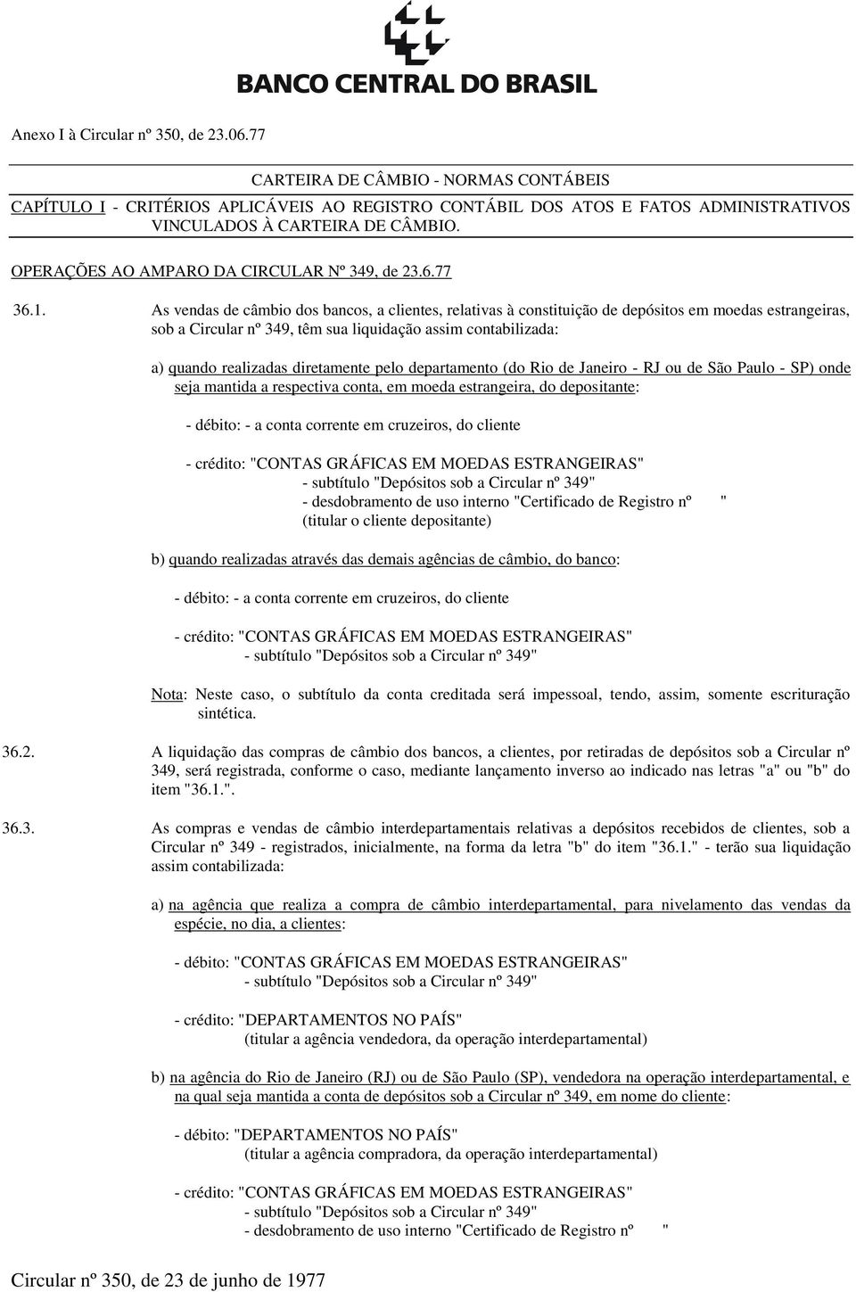 As vendas de câmbio dos bancos, a clientes, relativas à constituição de depósitos em moedas estrangeiras, sob a Circular nº 349, têm sua liquidação assim contabilizada: a) quando realizadas