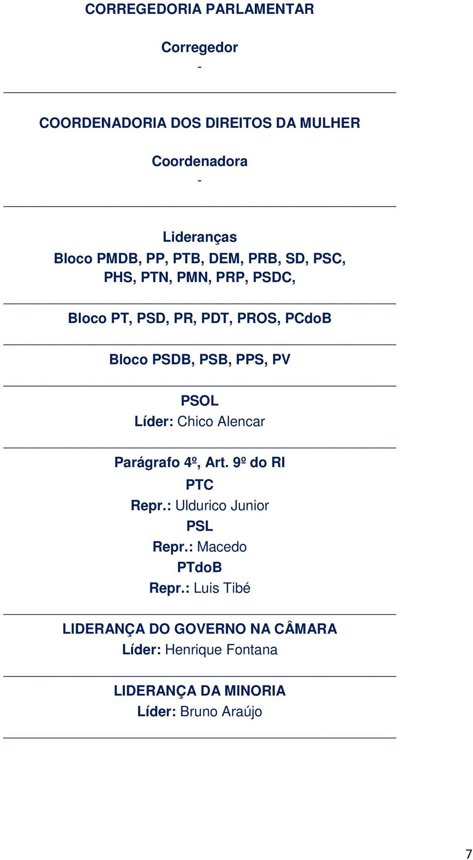 PPS, PV PSOL Líder: Chico Alencar Parágrafo 4º, Art. 9º do RI PTC Repr.: Uldurico Junior PSL Repr.