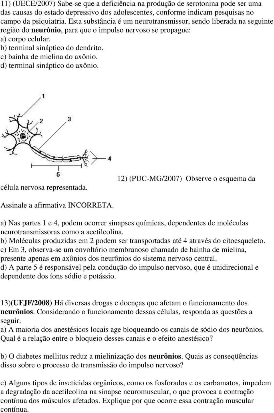 c) bainha de mielina do axônio. d) terminal sináptico do axônio. célula nervosa representada. 12) (PUC-MG/2007) Observe o esquema da Assinale a afirmativa INCORRETA.