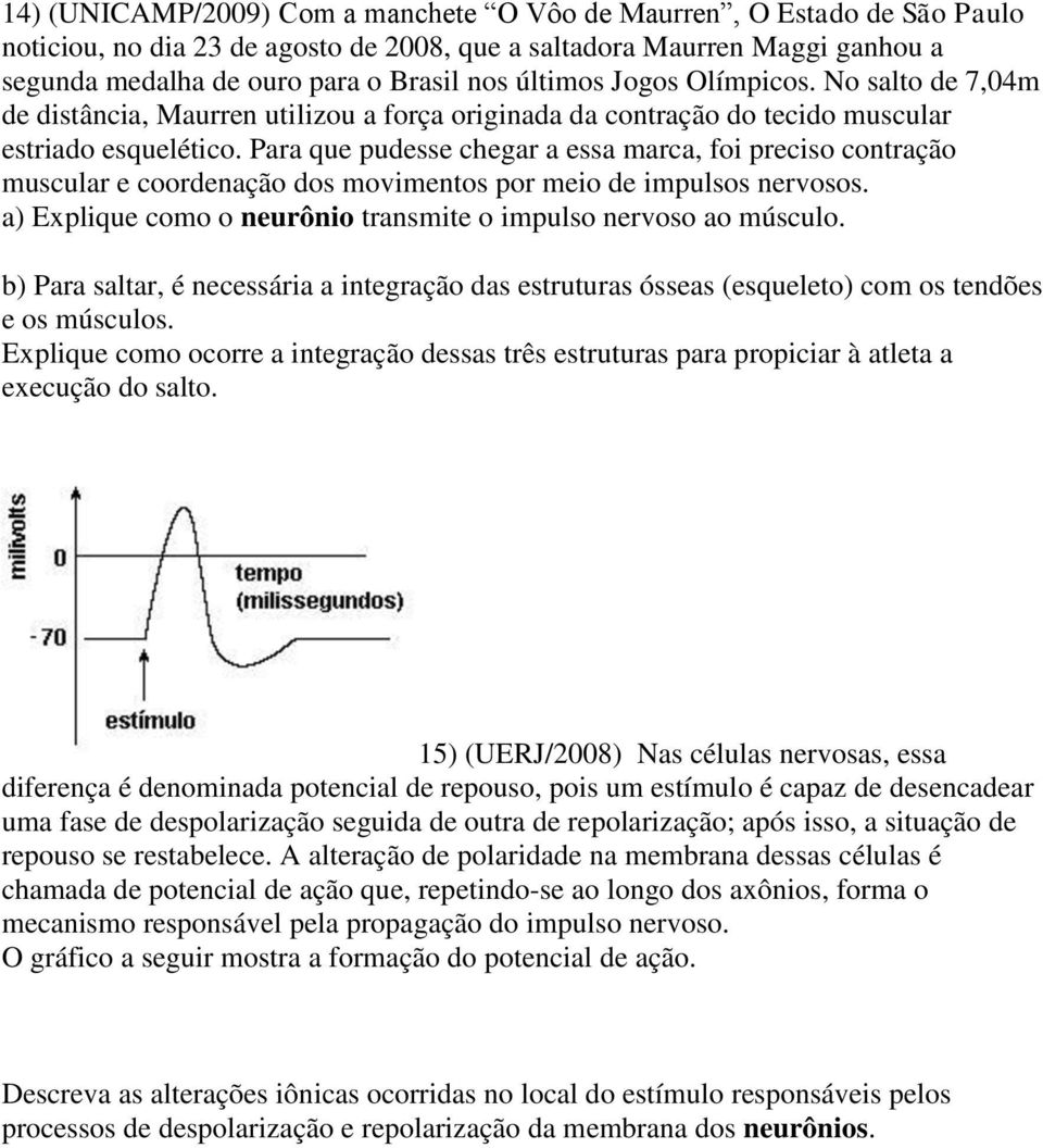 Para que pudesse chegar a essa marca, foi preciso contração muscular e coordenação dos movimentos por meio de impulsos nervosos. a) Explique como o neurônio transmite o impulso nervoso ao músculo.