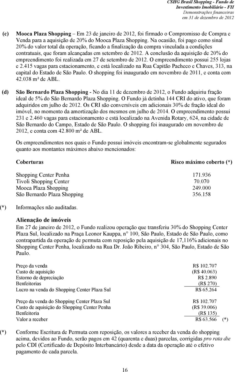 A conclusão da aquisição de 20% do empreendimento foi realizada em 27 de setembro de 2012. O empreendimento possui 255 lojas e 2.