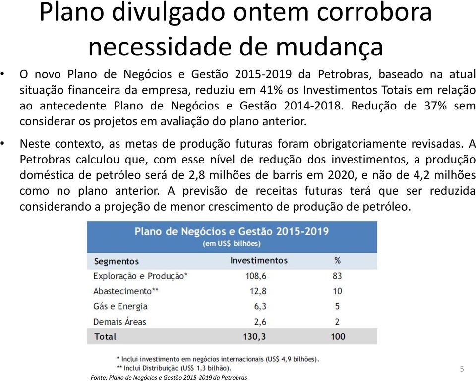 Neste contexto, as metas de produção futuras foram obrigatoriamente revisadas.