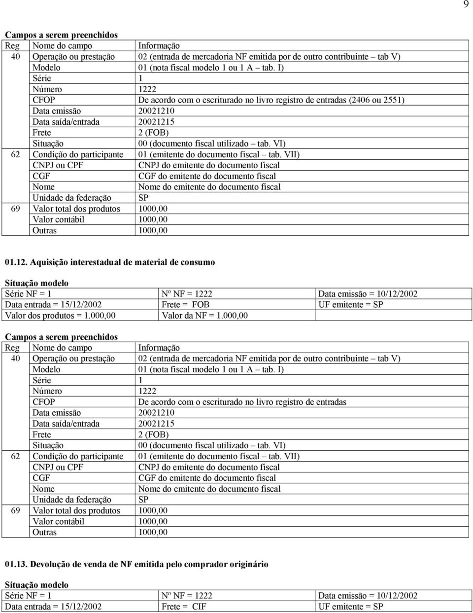 Aquisição interestadual de material de consumo modelo Data entrada = 15/12/2002 = FOB UF emitente = SP Valor dos produtos = 1.000,00 Valor da NF = 1.