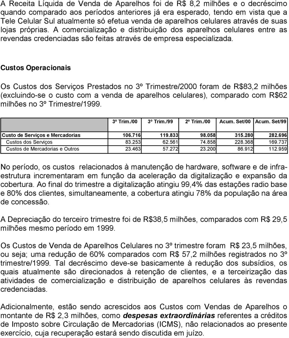 Custos Operacionais Os Custos dos Serviços Prestados no 3º Trimestre/2000 foram de R$83,2 milhões (excluindo-se o custo com a venda de aparelhos celulares), comparado com R$62 milhões no 3º