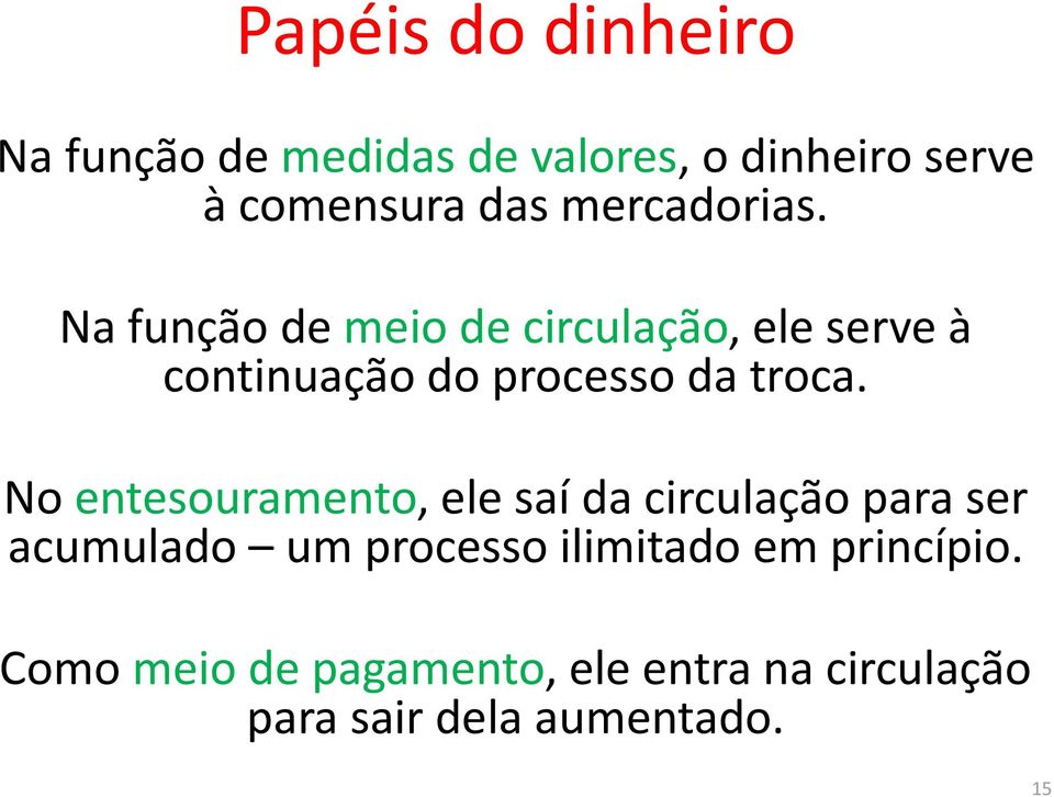 Na função de meio de circulação, ele serve à continuação do processo da troca.