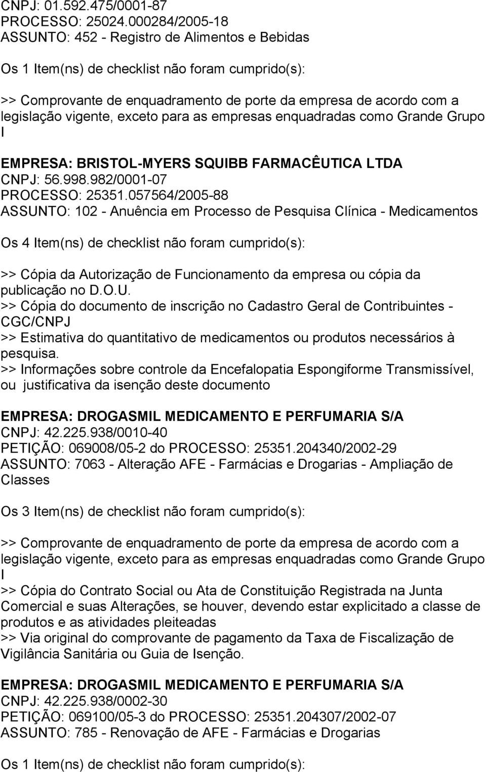 publicação no D.O.U. >> Cópia do documento de inscrição no Cadastro Geral de Contribuintes - CGC/CNPJ >> Estimativa do quantitativo de medicamentos ou produtos necessários à pesquisa.