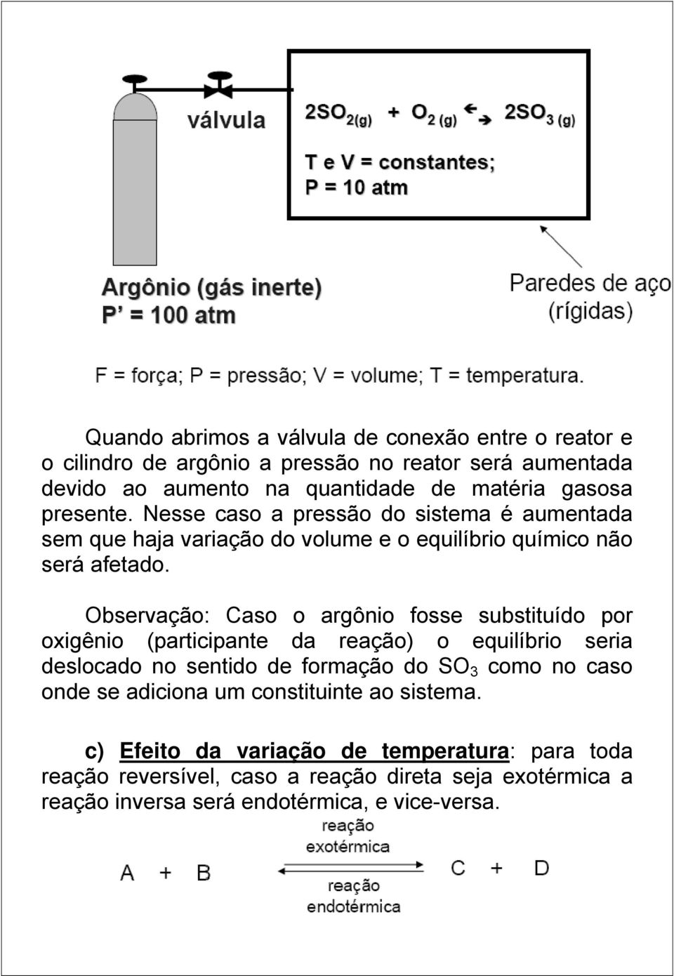 Observação: Caso o argônio fosse substituído por oxigênio (participante da reação) o equilíbrio seria deslocado no sentido de formação do SO 3 como no caso