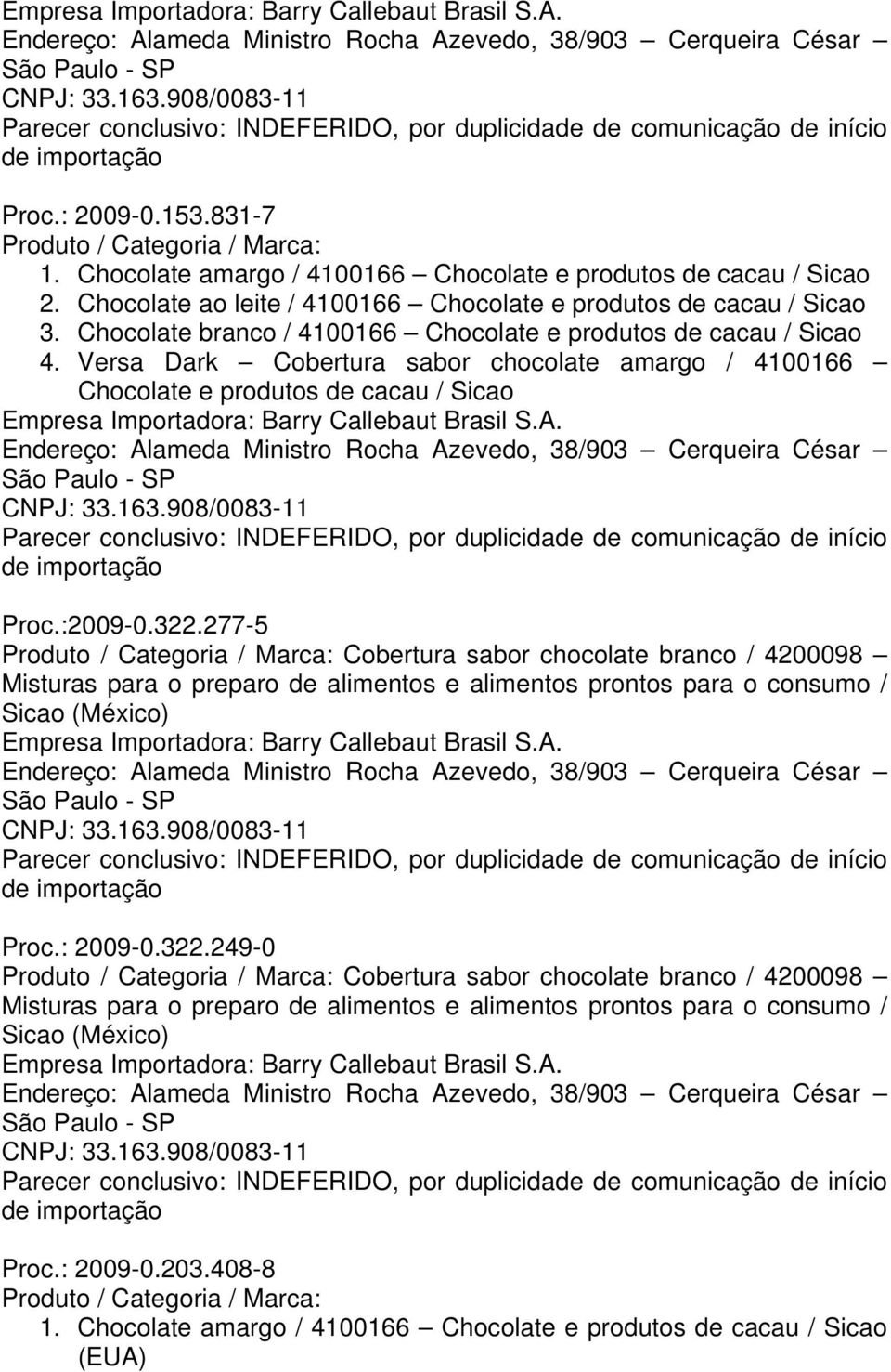 277-5 Cobertura sabor chocolate branco / 4200098 Misturas para o preparo de alimentos e alimentos prontos para o consumo / Sicao Proc.: 2009-0.322.