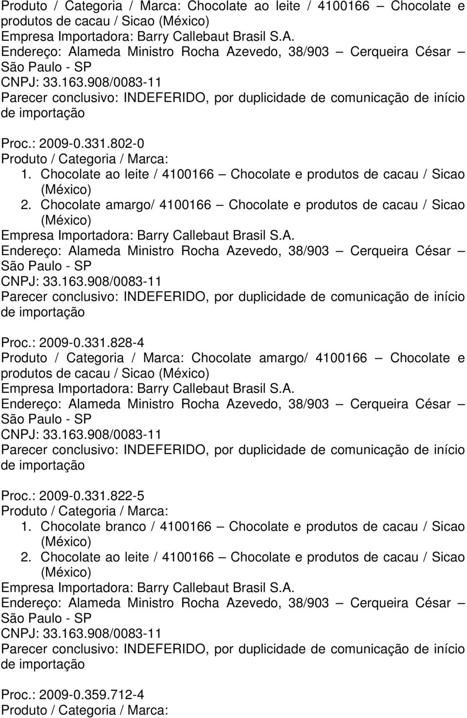 Chocolate amargo/ 4100166 Chocolate e produtos de cacau / Sicao Proc.: 2009-0.331.