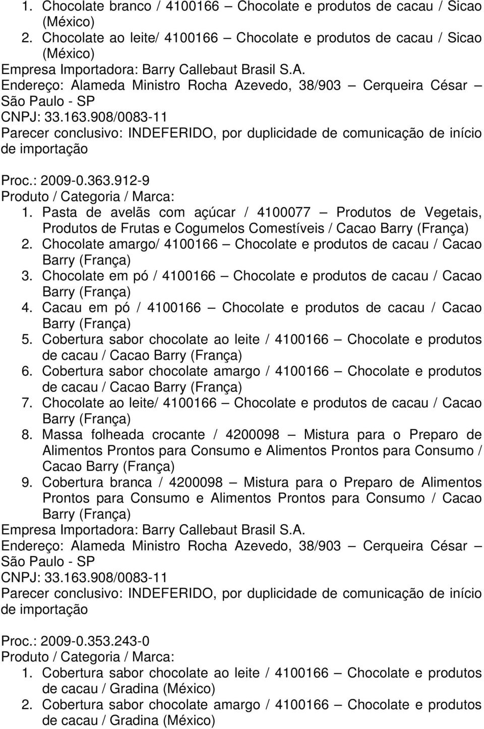 Chocolate amargo/ 4100166 Chocolate e produtos de cacau / Cacao Barry (França) 3. Chocolate em pó / 4100166 Chocolate e produtos de cacau / Cacao Barry (França) 4.