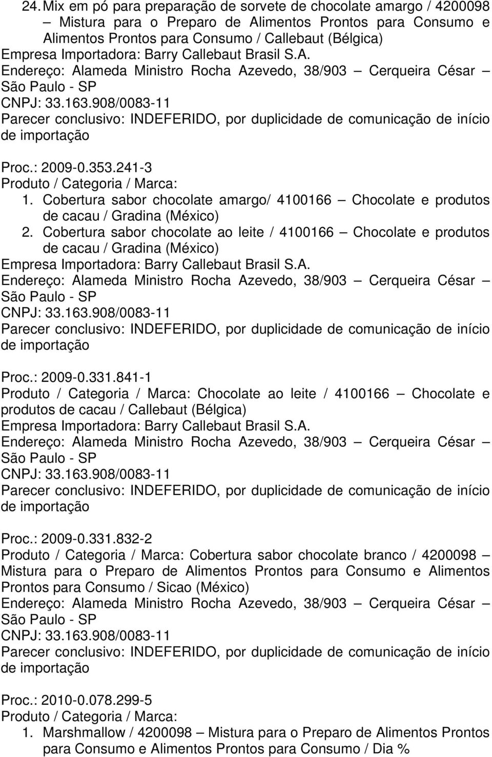 841-1 Chocolate ao leite / 4100166 Chocolate e produtos de cacau / Proc.: 2009-0.331.