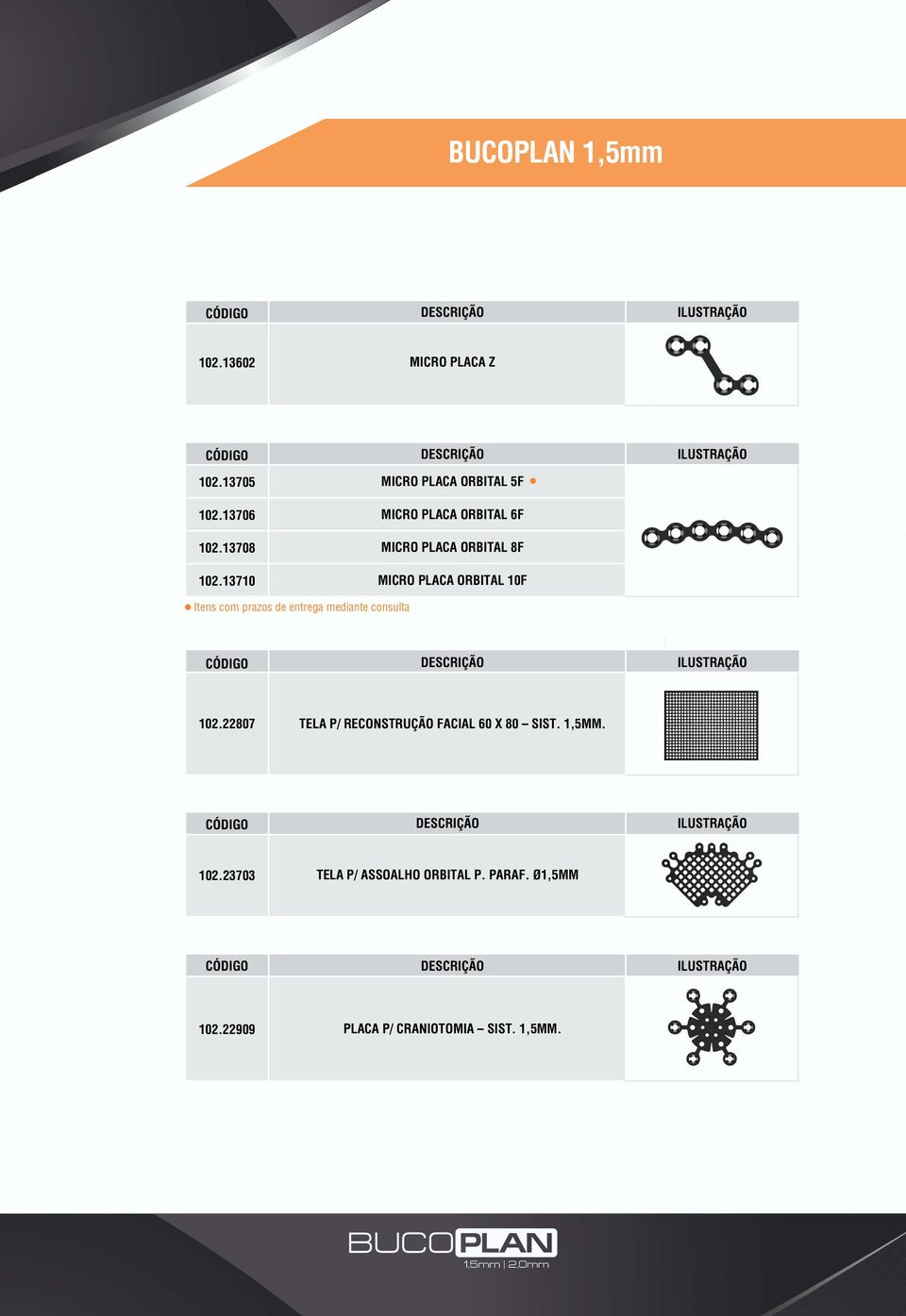 PLACA ORBITAL 10F 102.22807 TELA P/ RECONSTRUÇÃO FACIAL 60 X 80 SIST. 1,5MM. 102.23703 TELA P/ ASSOALHO ORBITAL P.