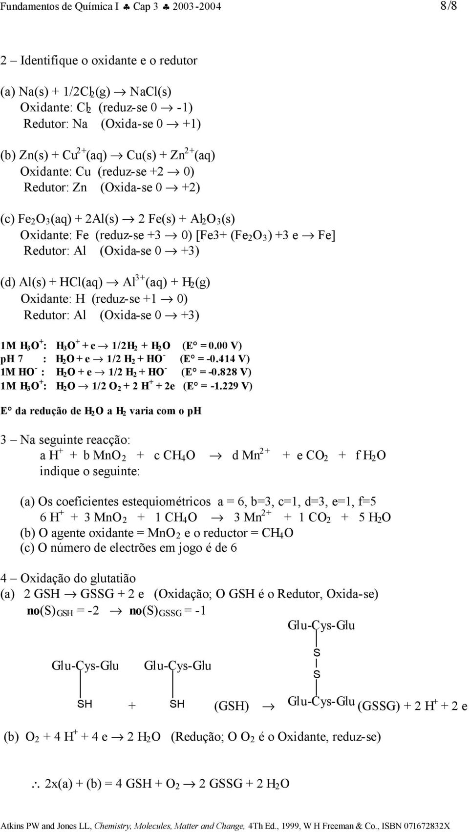 Al 3+ (aq) + H 2 (g) xidante: H (reduzse +1 0) Redutor: Al (xidase 0 +3) 1M H 3 + : H 3 + + e fi 1/2H 2 + H 2 (E = 0.00 V) ph 7 : H 2 + e fi 1/2 H 2 + H (E = 0.