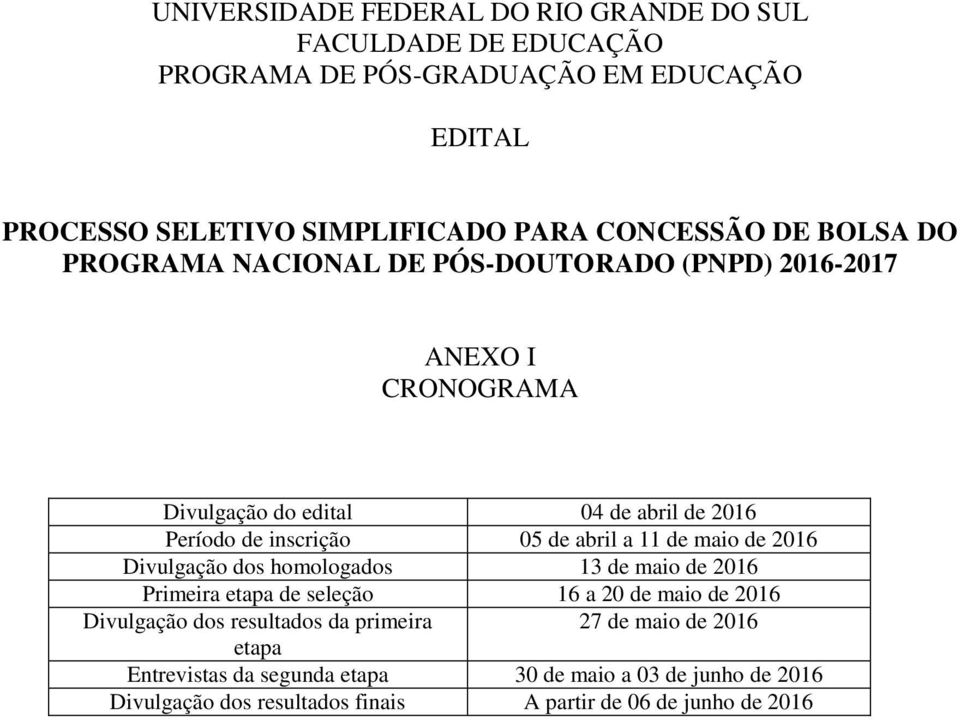 abril a 11 de maio de 2016 Divulgação dos homologados 13 de maio de 2016 Primeira etapa de seleção 16 a 20 de maio de 2016 Divulgação dos resultados da