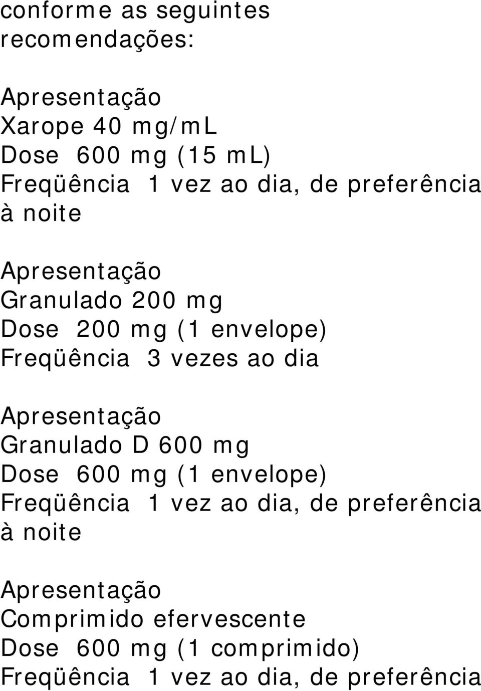 dia Apresentação Granulado D 600 mg Dose 600 mg (1 envelope) Freqüência 1 vez ao dia, de preferência à